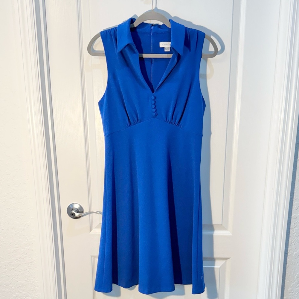 Calvin Klein Royal Blue Midi Dress V Neck Button Accent Short Sleeves Size 8